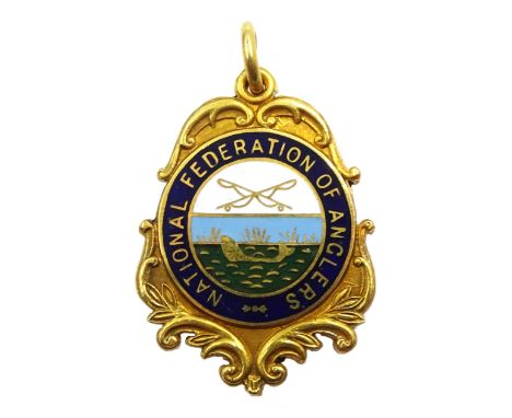 9ct gold and enamel 'National Federation of Anglers' presentation medallion, makers mark HM, Birmingham 1957, approx 18.5gm -