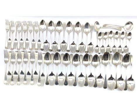 Suite of Old English pattern silver cutlery comprising eleven table forks, eleven table spoons, six larger table spoons, elev