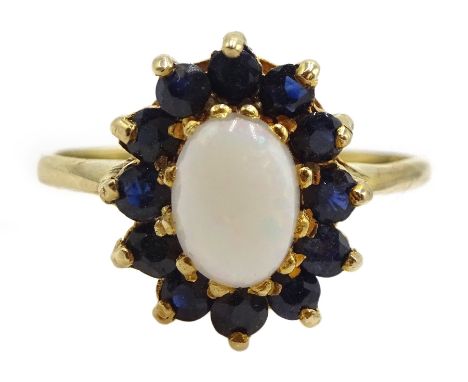 9ct gold opal and sapphire cluster ring, hallmarked - Condition Report Approx 2.3gm, size L-M