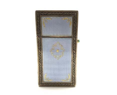 Edwardian ladies silver gilt and guilloche enamel visiting card case inlaid with gold pique on a blue ground within a wheat e