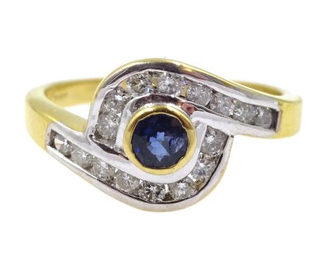 18ct gold diamond and sapphire crossover ring, the bezel set sapphire with 16 channel set diamond surround, hallmarked - Cond