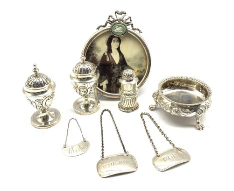 Victorian embossed silver circular salt London 1864, pair of Victorian silver pepperettes, silver circular photograph frame i
