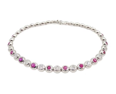18ct white gold round ruby and diamond, rubover set bracelet - Condition Report Approx 11.4gm, tested to 18ct, length = 17.8c