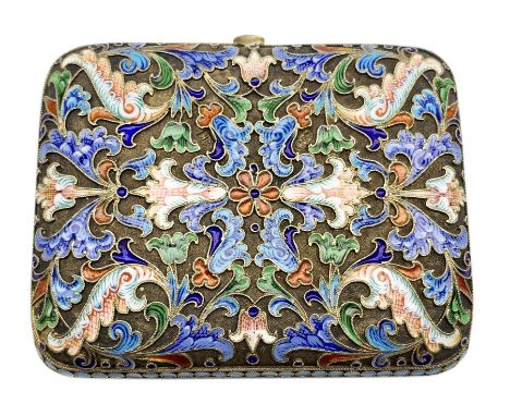 Russian silver gilt and enamel purse of scrolling design in polychrome enamels on a matt ground and with watered silk interio