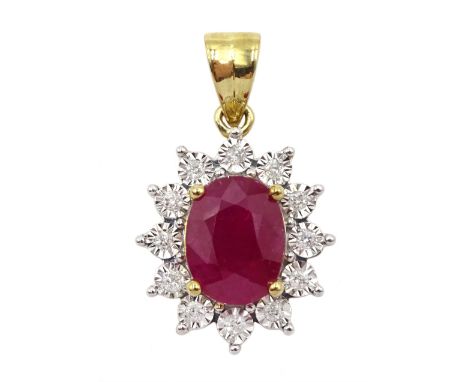 Gold oval ruby and round brilliant cut diamond pendant, stamped 375, ruby approx 1.80 carat - Condition Report Approx 2.5gm, 