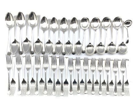 Suite of Old English pattern silver table cutlery comprising fourteen table forks, eight soup spoons, eight dessert spoons, s