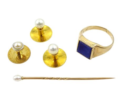 9ct gold lapis lazuli ring, gold pearl stick pin and two pearl studs, all 14ct and an 18ct gold pearl stud, all stamped or te