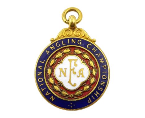 9ct gold and enamel 'National Angling Championship' presentation medallion, makers mark HM, Birmingham 1957, approx 17.3gm - 