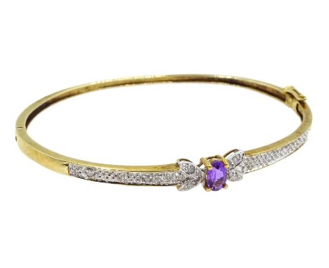 9ct gold amethyst and diamond hinged bangle, hallmarked - Condition Report Approx 7.85gm