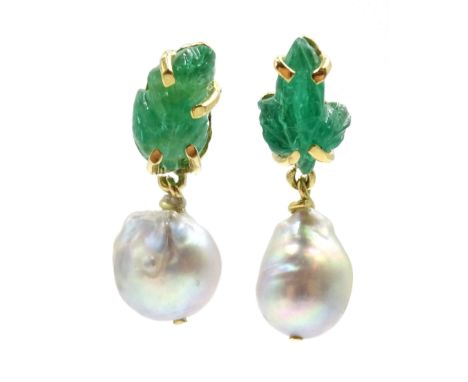 Two gold carved leaf design jade and pearl pendant earrings - Condition Report Approx 2.4gm, not matching but similar  body o