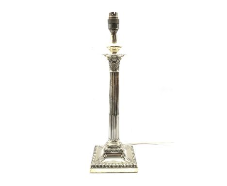 Silver Corinthian column electric table lamp the square base with acanthus leaves, H32cm excluding fitting Sheffield 1904 - M