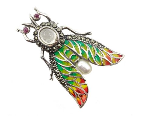 Silver plique-a-jour, marcasite, ruby, moonstone and pearl insect brooch - Condition Report 