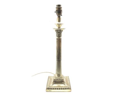 Silver Corinthian column electric table lamp the square base with acanthus leaves and presentation inscription to William Gow