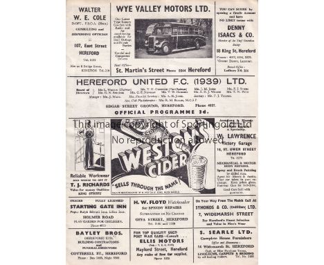 HEREFORD UNITED V QPR 1957 FA CUP     Programme for the Cup tie at Hereford 7/12/1957, slight horizontal crease. Non-League H