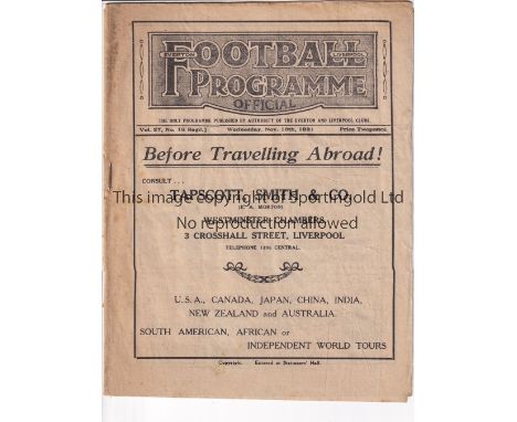 ENGLAND / WALES / LIVERPOOL     Programme England v Wales 18/11/1931 at Anfield. Light horizontal fold. No writing. Fair to g