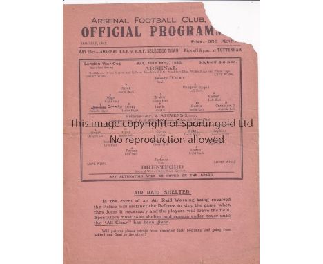 ARSENAL V BRENTFORD 1942 / WAR CUP SEMI-FINAL   Single sheet programme for the Arsenal home London War Cup Semi-Final Replay 
