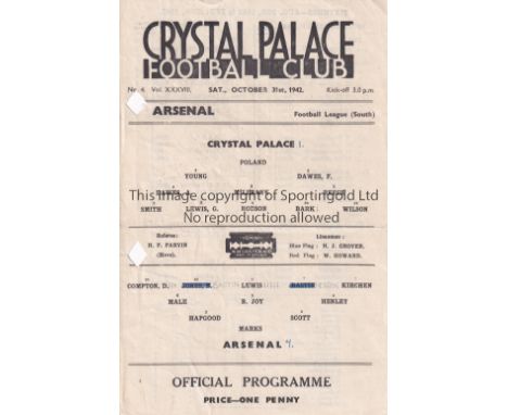 CRYSTAL PALACE V ARSENAL 1942    Single sheet programme for the FL South match at Palace 31/10/1942, team changes and scores 