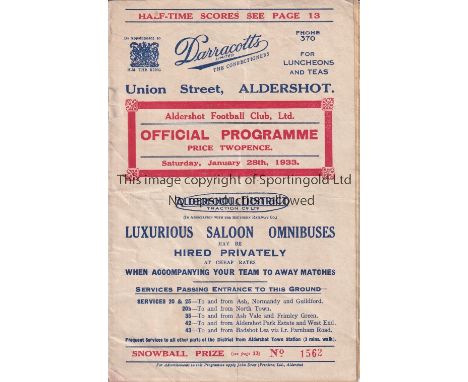 ALDERSHOT V MILLWALL 1933 FA CUP     Programme for the Cup tie at Aldershot in their first League season on 28/1/1933, slight
