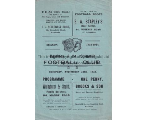 HASTINGS &amp; ST LEONARDS     Home 4 page programme v Tunbridge Wells Rangers 22/9/1923 FA Cup Preliminary Round. Some foxin