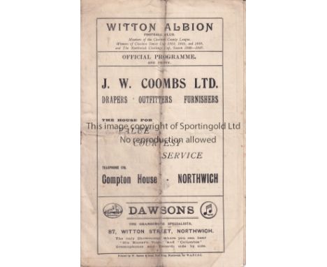 WITTON ALBION        Programme Witton Albion v Barnton Victoria FA Cup Preliminiary Round 20/9/1930. Folds. Lacks staples. No
