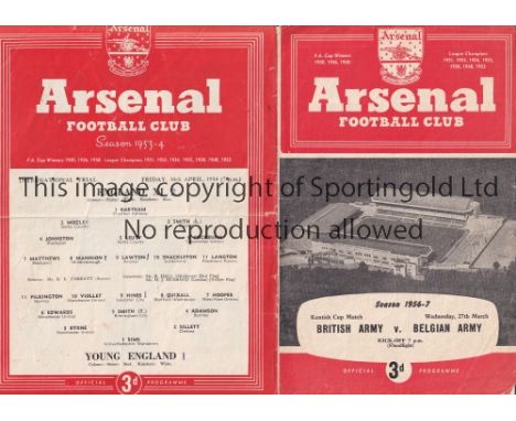 NEUTRALS AT ARSENAL / DUNCAN EDWARDS     Two programmes for matches at Arsenal FC, England v Young England  30/4/1954 horizon