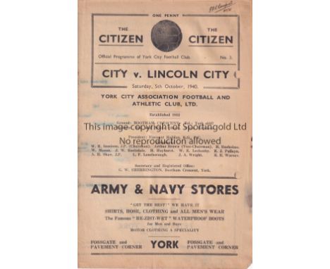 YORK CITY V LINCOLN CITY 1940      Programme for the FL North match at York 5/10/1940 with 2 punched holes in the first page,