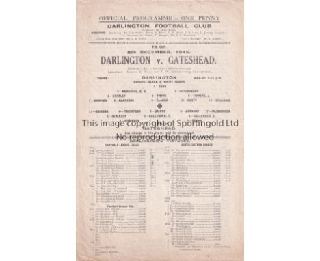 DARLINGTON V GATESHEAD 1945 FA CUP     Single sheet programme for the FA Cup tie at Darlington 8/12/1945, slightly creased an