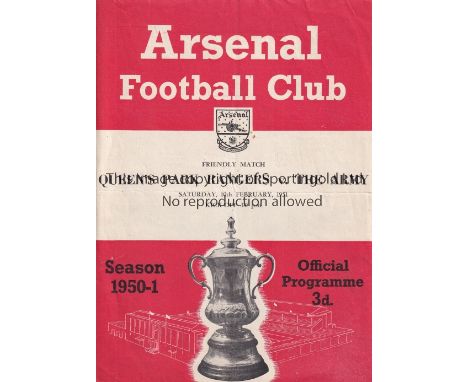 QPR V THE ARMY 1950 AT ARSENAL     Programme for the Friendly played at Highbury 10/2/1951, slight horizontal crease and scor
