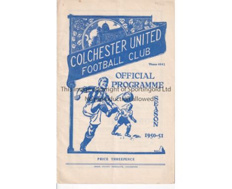 COLCHESTER UNITED / FIRST LEAGUE SEASON    Programme for the home League match v Millwall 2/12/1950, very slight vertical cre