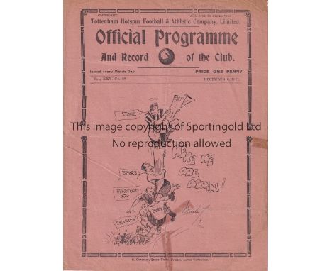 SPURS       Programme Tottenham v Swansea Town 3/12/1932. Tape marks. Score,scorers. Light horizontal fold. Fair     
