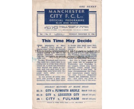WREXHAM V LINCOLN CITY AT MAN. CITY 1946      Programme for the FA Cup 2nd Replay at Maine Road 23/12/1946, slightly creased,