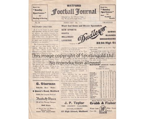 WATFORD SCHOOLS V TOTTENHAM SCHOOLS 1920 AT WATFORD FC     Large 4 page issue for the match on 7/2/1920, slight horizontal cr