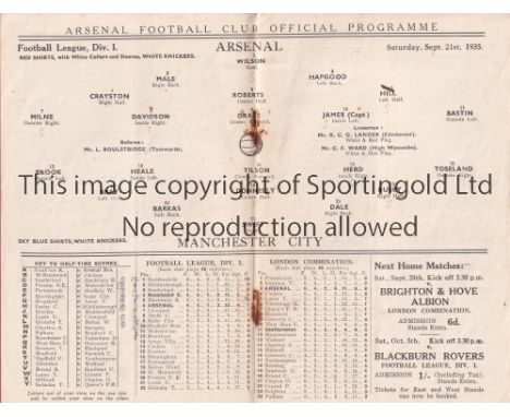 ARSENAL V MANCHESTER CITY 1935     Programme for the League match at Arsenal 21/9/1935. Slightly rusty staples and small lett