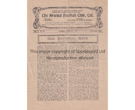 ARSENAL V BRENTFORD 1918   Programme for the London Combination, first team match at Arsenal 23/3/1918, slightly creased.    