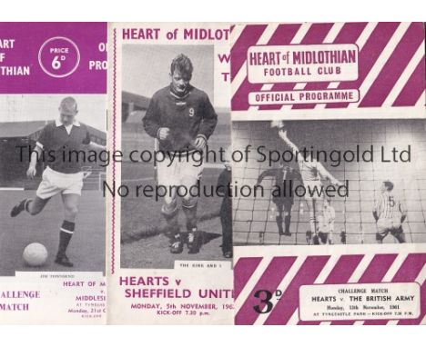 HEARTS     Three homes programmes v British Army 13/11/1961 team changes, Sheff. Utd. 5/11/1962 and Middlesbrough 21/10/1968.