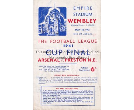 1941 F.L. WAR CUP FINAL / ARSENAL V PRESTON N.E.     Programme for the match at Wembley 10/5/1941, horizontal fold.   General