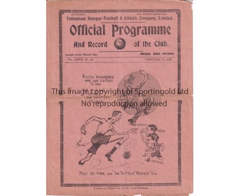 SPURS       Programme Tottenham v Bolton Wanderers FA Cup 5th Round 16/2/1935. Small tear at spine and down horizontal fold. 
