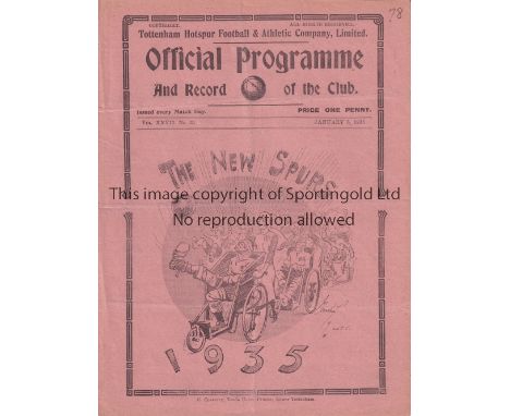 SPURS       Programme Tottenham v Huddersfield Town 5/1/1935.Horizontal fold. Team changes and score neatly inserted. General