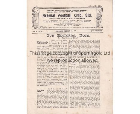 ARSENAL V NEWCASTLE UTD.1922    Programme for the League match at Arsenal 4/2/1922, very slightly creased, small hole at the 