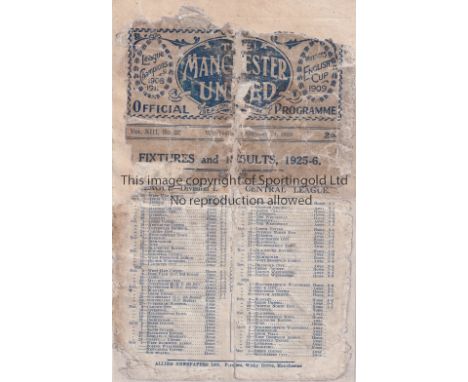 MANCHESTER UNITED       Eight page official home programme v Sunderland (FA Cup 5th Round Replay) played 24/2/1926 at Old Tra