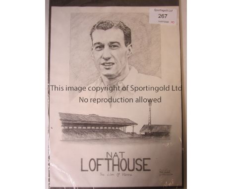 NAT LOFTHOUSE       A 16" X 11" original pencil sketch showing a portrait of Lofthouse above Burnden Park by painter Paul Sch