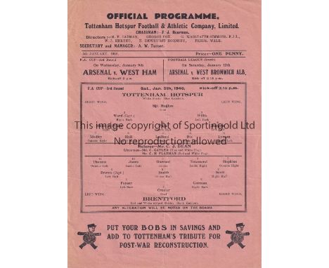 SPURS        Home Tottenham single sheet programme v Brentford FA Cup 3rd Round 5/1/1946. Very light folds. No writing. Gener