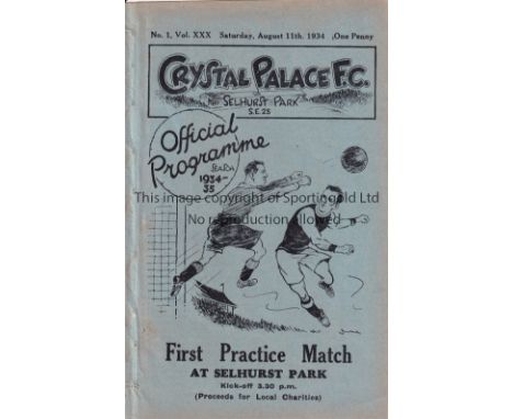 CRYSTAL PALACE 1934    Programme for the First Practice Match , Reds v Blues 11/8/1934, ex-binder.    Generally good