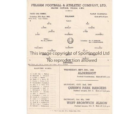 FULHAM V ARSENAL 1948      Single sheet programme for the Football Combination match at Fulham 25/9/1948, horizontal fold.   