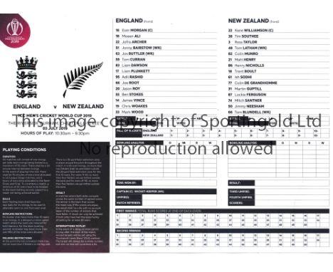 CRICKET WORLD CUP FINAL 2019     World Cup Final scorecard for the England v New Zealand 2019 Cricket World Cup Final at Lord