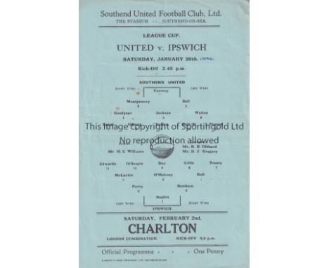 SOUTHEND UNITED V IPSWICH TOWN 1946    Single sheet programme for the Division III Cup tie at Southend 26/1/1946, very slight