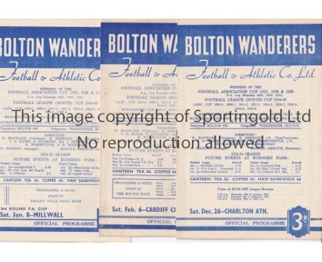 BOLTON WANDERERS      Seventeen home programmes v. Charlton scores entered and Cardiff 53/4, Millwall FA Cup, Arsenal, Man. C