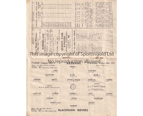 ARSENAL V BLACKBURN ROVERS 1939/40      The first League match at Highbury in the truncated season on 30/8/1939. Small paper 