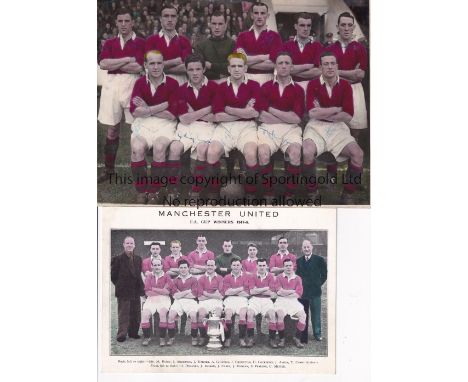 MANCHESTER UNITED AUTOGRAPHS 1946/7      An 8" X 6" colourized team group press photo with stamp on the reverse signed by all