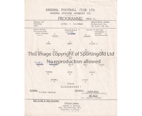 ARSENAL     Single sheet programme for the home Met. Lge. Cup tie v. Gillingham 4/2/1964, slightly creased and team changes. 